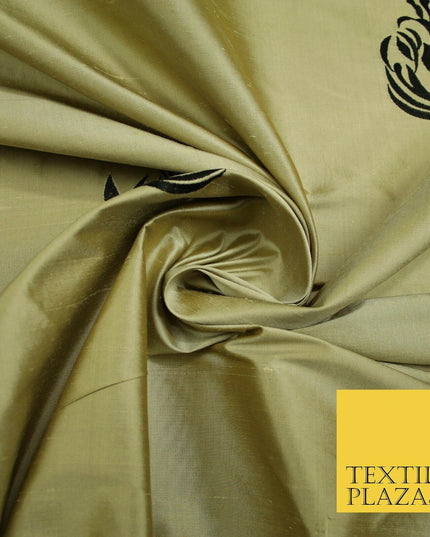 Luxury Gold Large Black Flowers Embroidered 100% PURE SILK Fabric 53" 2 SHADES