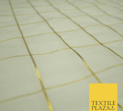 Luxury White Metallic Gold Square Check 100% SILK ORGANZA Fabric Sheer 48" 4626