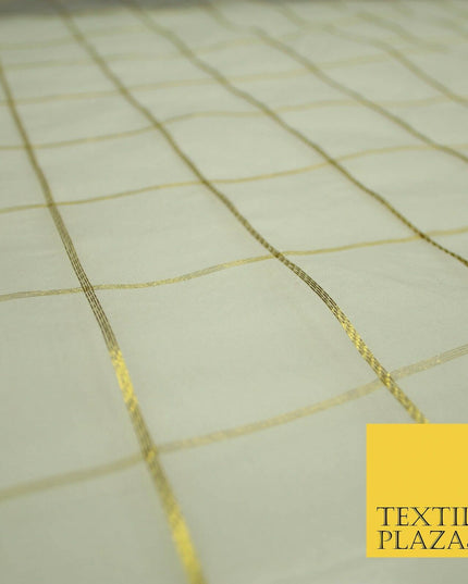Luxury White Metallic Gold Square Check 100% SILK ORGANZA Fabric Sheer 48" 4626