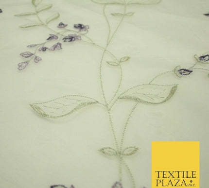 Luxury Ivory Lilac Purple Floral Embroidered 100% SILK ORGANZA Fabric 53" 4630