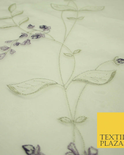 Luxury Ivory Lilac Purple Floral Embroidered 100% SILK ORGANZA Fabric 53" 4630