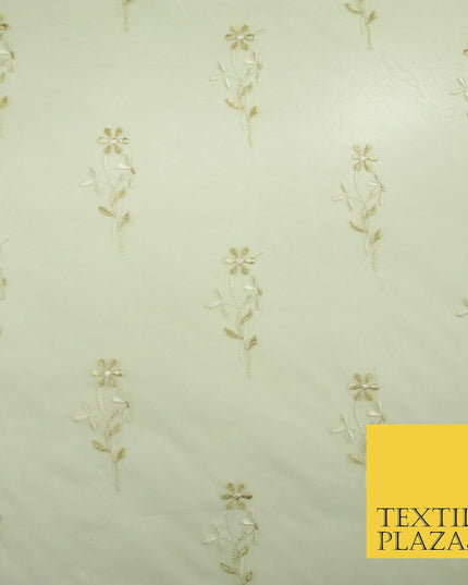 Luxury Ivory Floating Stem Flowers Embroidered 100% SILK ORGANZA Fabric 45" 4633