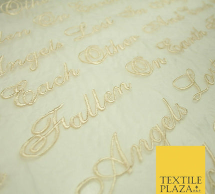 Luxury Ivory Gold Angel Script Embroidered 100% SILK ORGANZA Fabric 45" 4629