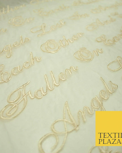 Luxury Ivory Gold Angel Script Embroidered 100% SILK ORGANZA Fabric 45" 4629