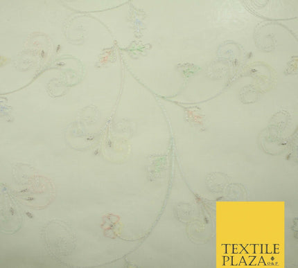 Luxury Ivory Floral Pastel Thread Embroidered 100% SILK ORGANZA Fabric 45" 4632