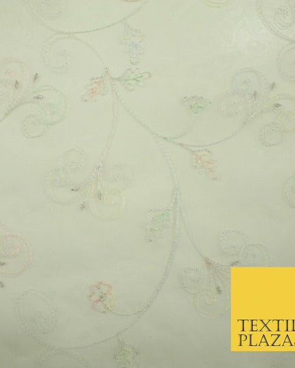 Luxury Ivory Floral Pastel Thread Embroidered 100% SILK ORGANZA Fabric 45" 4632