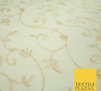 Luxury Ivory Light Gold Floral Stem Embroidered 100% SILK CHIFFON Fabric 45"4635