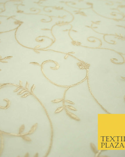 Luxury Ivory Light Gold Floral Stem Embroidered 100% SILK CHIFFON Fabric 45"4635