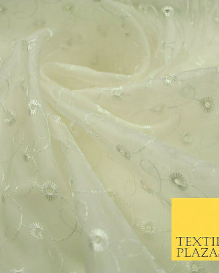 Luxury Ivory Broderie Anglaise Hole Embroidered 100% SILK ORGANZA Fabric 45"4634