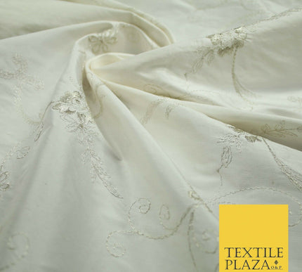 Luxury Ivory Silver Floral Embroidered 100% PURE SILK Dupion Fabric 45" 4637