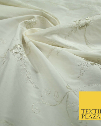 Luxury Ivory Silver Floral Embroidered 100% PURE SILK Dupion Fabric 45" 4637