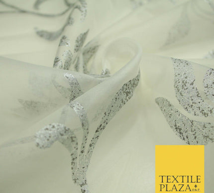 Luxury White Metallic Silver Floral Lotus 100% SILK ORGANZA Fabric Sheer 53"4623