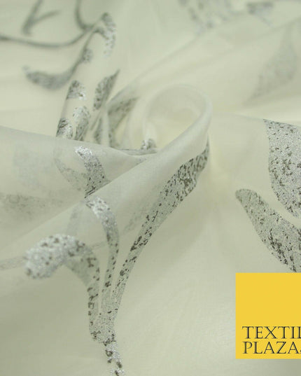 Luxury White Metallic Silver Floral Lotus 100% SILK ORGANZA Fabric Sheer 53"4623