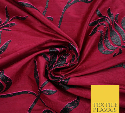 Luxury Cerise Pink Lotus Floral Printed 100% PURE SILK Dupion Fabric 53" 4617