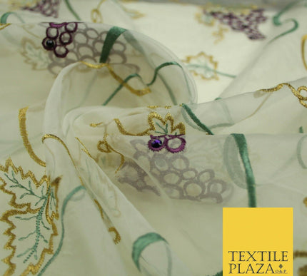 Luxury Ivory Floral Grapevine Stem Embroidered 100% SILK ORGANZA Fabric 45" 4631