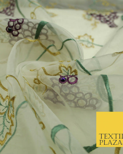 Luxury Ivory Floral Grapevine Stem Embroidered 100% SILK ORGANZA Fabric 45" 4631