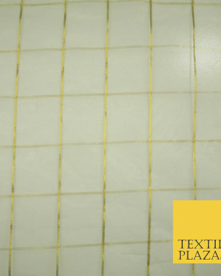 Luxury White Metallic Gold Square Check 100% SILK ORGANZA Fabric Sheer 48" 4626