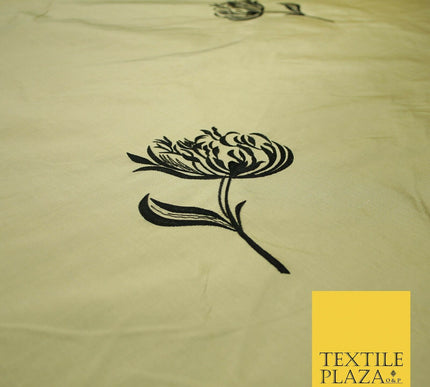 Luxury Gold Large Black Flowers Embroidered 100% PURE SILK Fabric 53" 2 SHADES