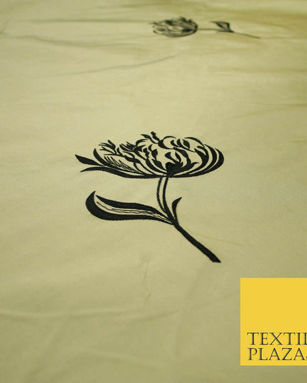 Luxury Gold Large Black Flowers Embroidered 100% PURE SILK Fabric 53" 2 SHADES