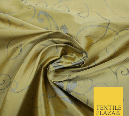 Luxury Gold Ornamental Grey Floral Printed 100% PURE SILK Dupion Fabric 53" 4618