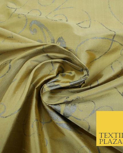 Luxury Gold Ornamental Grey Floral Printed 100% PURE SILK Dupion Fabric 53" 4618
