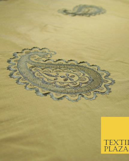 Luxury Gold Large Grey Ornate Paisley Embroidered 100% PURE SILK Fabric 53" 4641
