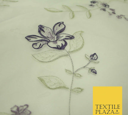Luxury Ivory Lilac Purple Floral Embroidered 100% SILK ORGANZA Fabric 53" 4630