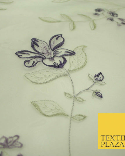 Luxury Ivory Lilac Purple Floral Embroidered 100% SILK ORGANZA Fabric 53" 4630