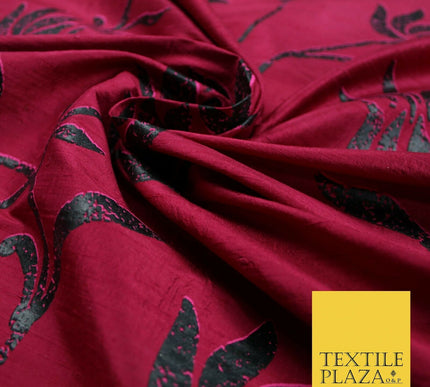 Luxury Cerise Pink Lotus Floral Printed 100% PURE SILK Dupion Fabric 53" 4617