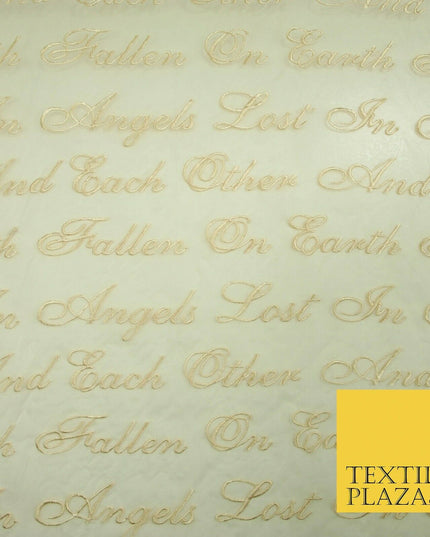 Luxury Ivory Gold Angel Script Embroidered 100% SILK ORGANZA Fabric 45" 4629