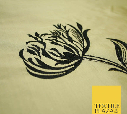 Luxury Gold Large Black Flowers Embroidered 100% PURE SILK Fabric 53" 2 SHADES