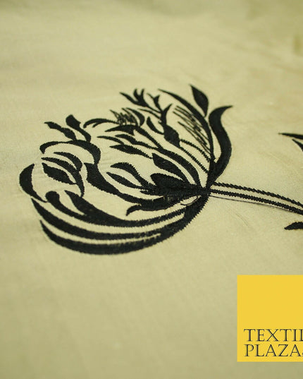 Luxury Gold Large Black Flowers Embroidered 100% PURE SILK Fabric 53" 2 SHADES