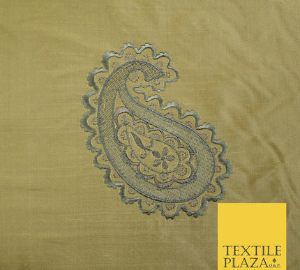 Luxury Gold Large Grey Ornate Paisley Embroidered 100% PURE SILK Fabric 53" 4641