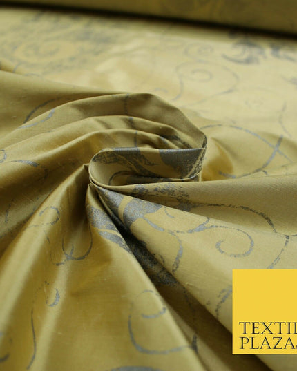 Luxury Gold Ornamental Grey Floral Printed 100% PURE SILK Dupion Fabric 53" 4618