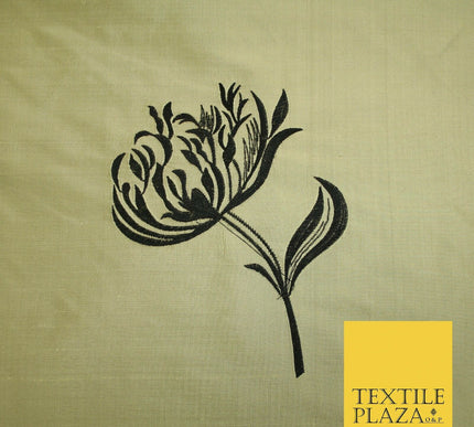 Luxury Gold Large Black Flowers Embroidered 100% PURE SILK Fabric 53" 2 SHADES