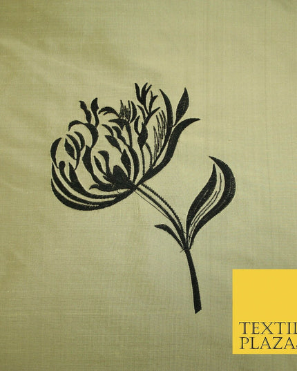 Luxury Gold Large Black Flowers Embroidered 100% PURE SILK Fabric 53" 2 SHADES