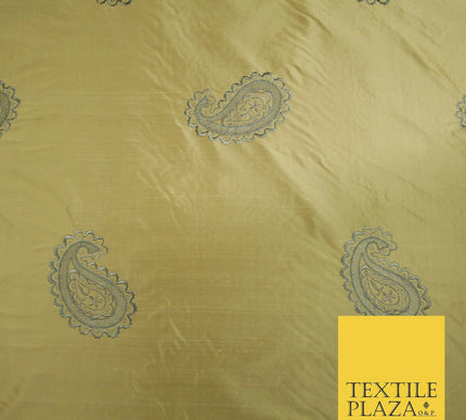 Luxury Gold Large Grey Ornate Paisley Embroidered 100% PURE SILK Fabric 53" 4641
