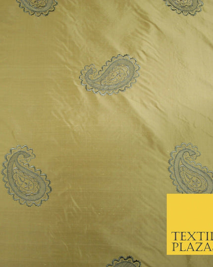 Luxury Gold Large Grey Ornate Paisley Embroidered 100% PURE SILK Fabric 53" 4641