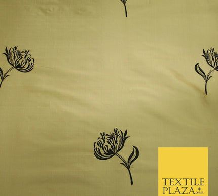 Luxury Gold Large Black Flowers Embroidered 100% PURE SILK Fabric 53" 2 SHADES