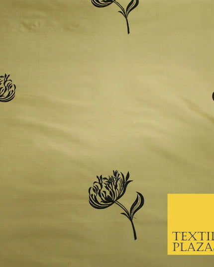 Luxury Gold Large Black Flowers Embroidered 100% PURE SILK Fabric 53" 2 SHADES