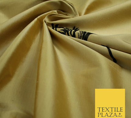 Luxury Gold Large Black Flowers Embroidered 100% PURE SILK Fabric 53" 2 SHADES