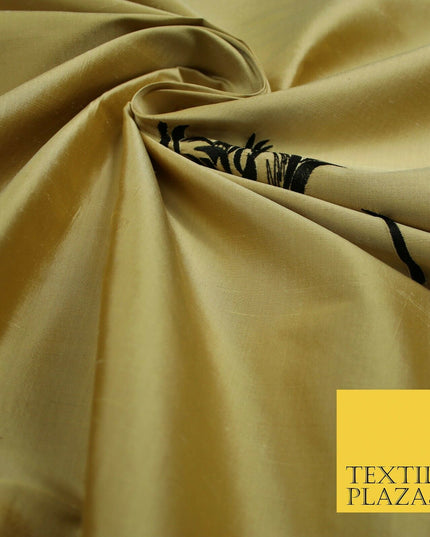 Luxury Gold Large Black Flowers Embroidered 100% PURE SILK Fabric 53" 2 SHADES