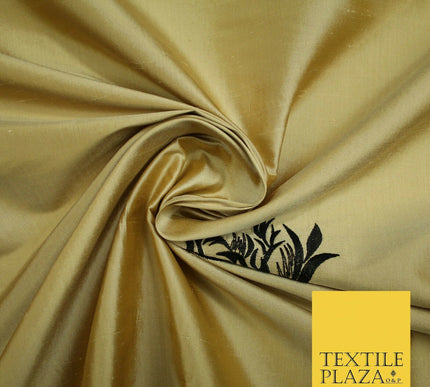 Luxury Gold Large Black Flowers Embroidered 100% PURE SILK Fabric 53" 2 SHADES