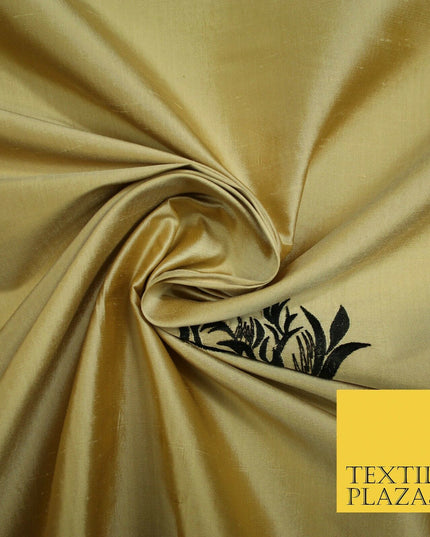 Luxury Gold Large Black Flowers Embroidered 100% PURE SILK Fabric 53" 2 SHADES
