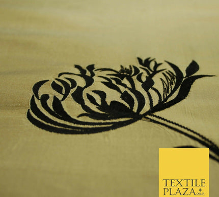 Luxury Gold Large Black Flowers Embroidered 100% PURE SILK Fabric 53" 2 SHADES