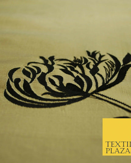 Luxury Gold Large Black Flowers Embroidered 100% PURE SILK Fabric 53" 2 SHADES