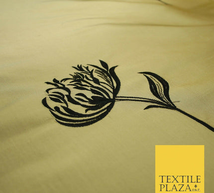 Luxury Gold Large Black Flowers Embroidered 100% PURE SILK Fabric 53" 2 SHADES
