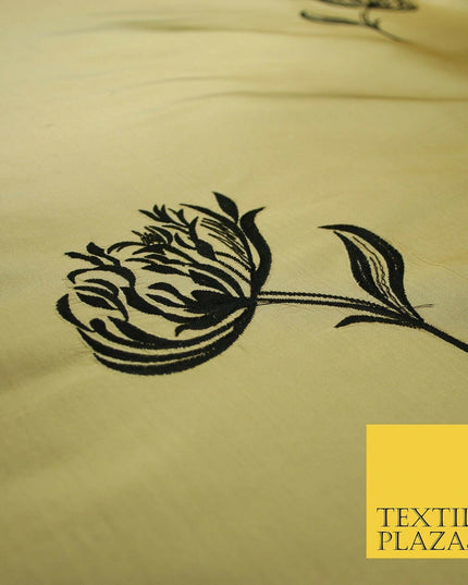 Luxury Gold Large Black Flowers Embroidered 100% PURE SILK Fabric 53" 2 SHADES
