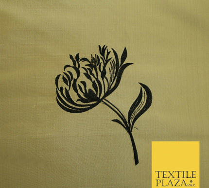 Luxury Gold Large Black Flowers Embroidered 100% PURE SILK Fabric 53" 2 SHADES