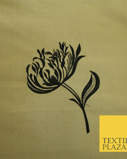 Luxury Gold Large Black Flowers Embroidered 100% PURE SILK Fabric 53" 2 SHADES